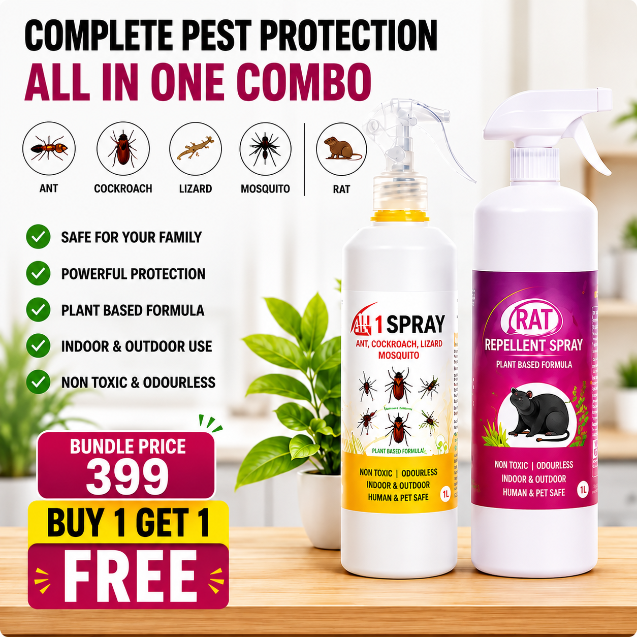 All-in-One Pest Control Combo | Rodent, Cockroach, Ant & Lizard Repellent Spray for Complete Home Safety