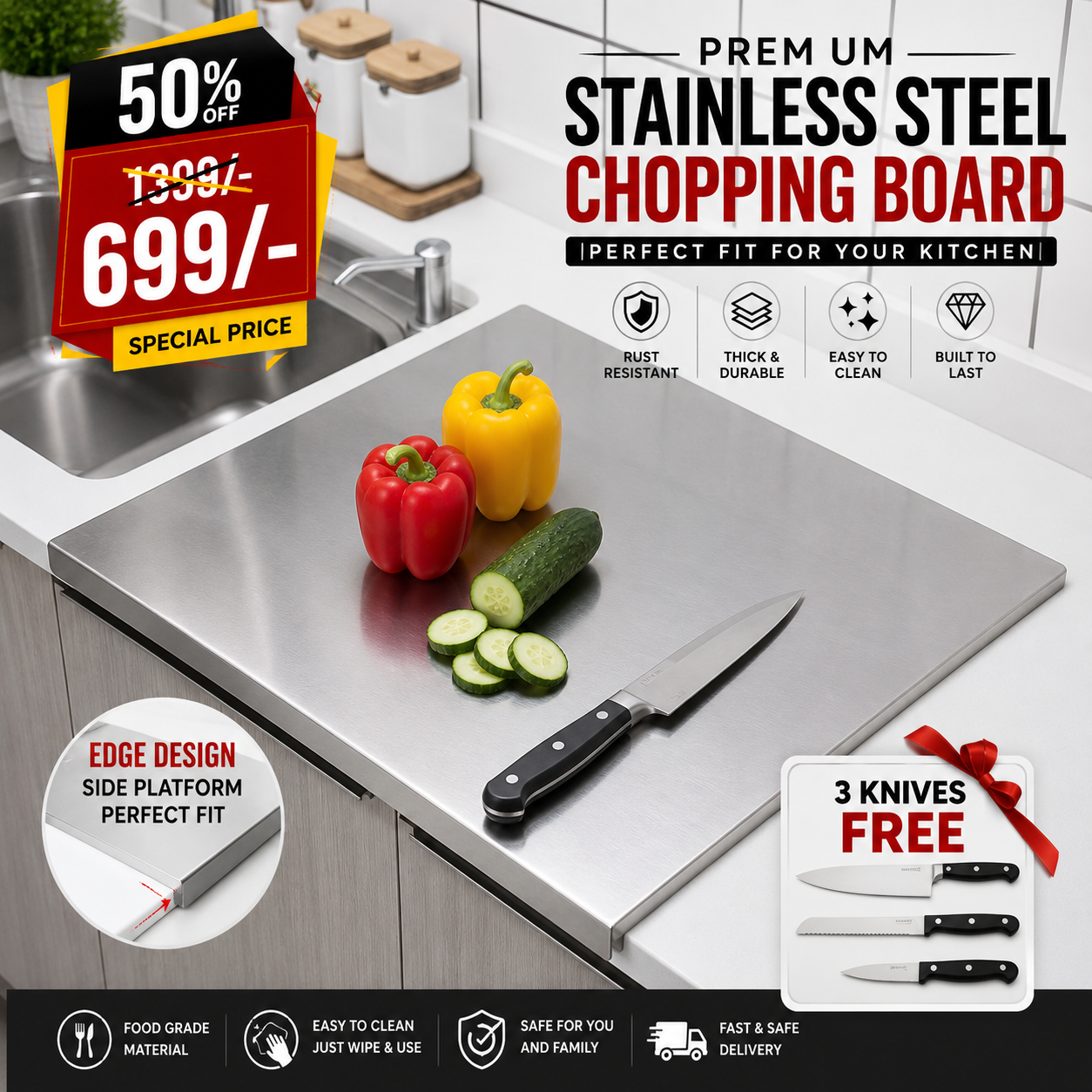 ✨HOT SELL 50% Off TODAY✨LIMITED OFFER🔥| Stainless Steel Counter Top Chopping Board