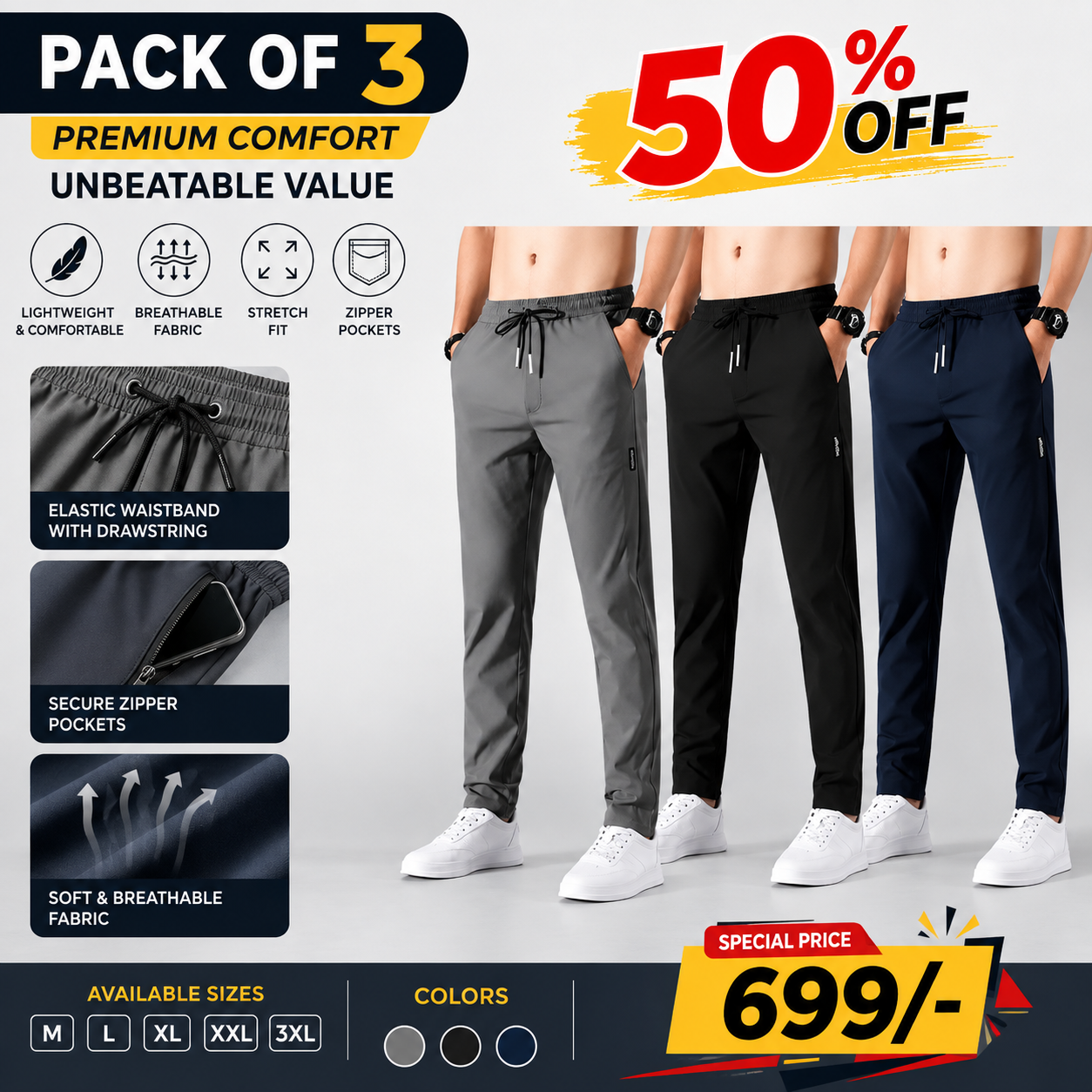 ✨HOT SELL 50% Off TODAY✨LIMITED OFFER🔥| Pack of 3 Offer 😍 Premium Lycra Men's Track Pants | Black, Blue & Grey