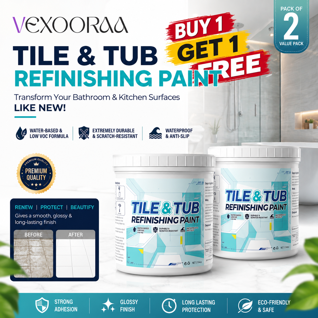 🔥 Vexooraa Tile & Tub Refinishing Paint 🎨 | BUY 1 GET 1 FREE 🎁 | Premium Bathroom & Kitchen Surface Makeover 🛁