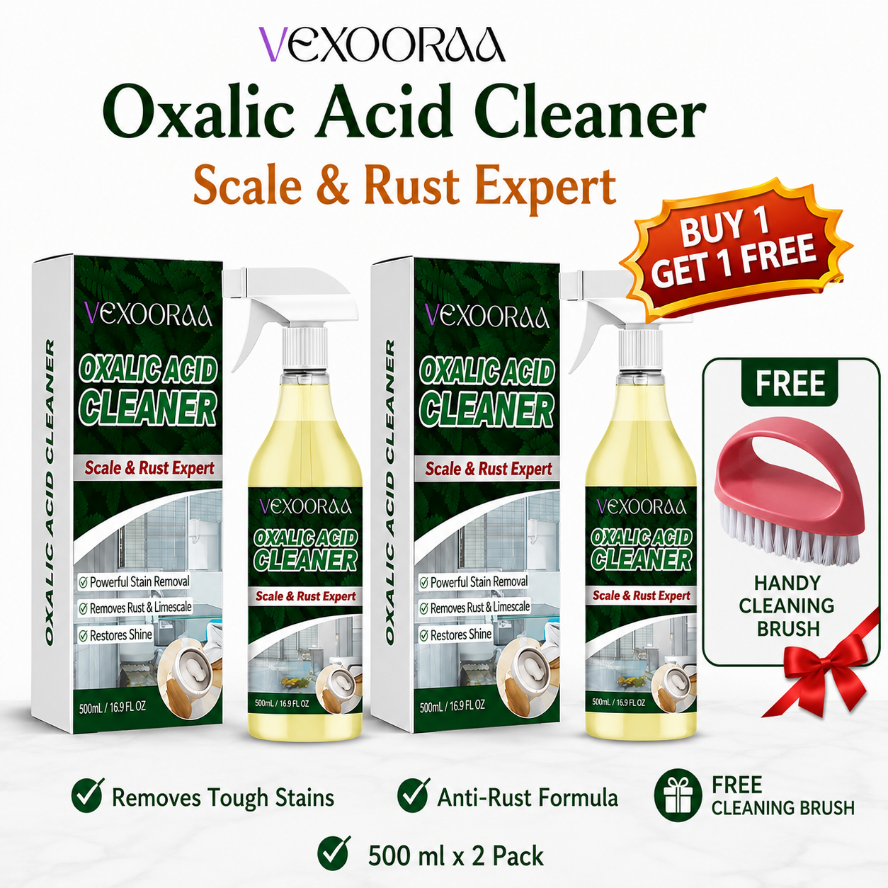 ✨ VEXOORAA Oxalic Acid Power Cleaner 🧼 | Tough Stain, Rust & Limescale Remover 🚿 | Buy 1 Get 1 Free + FREE Cleaning Brush 🎁