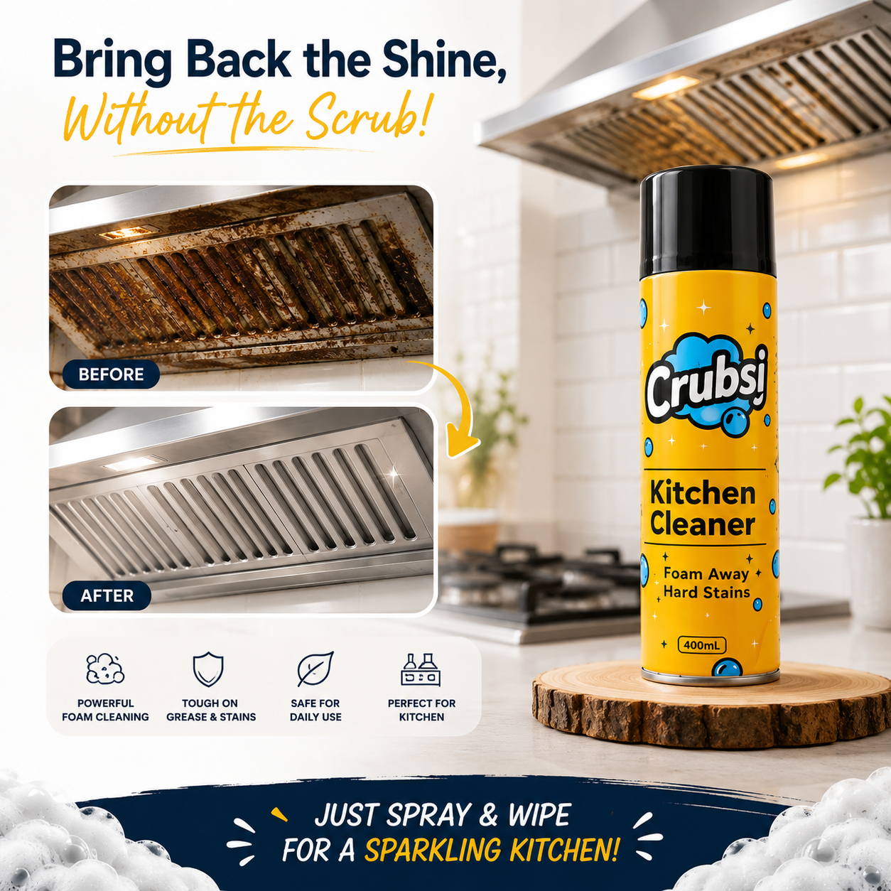 ✨HOT SELL 50% Off Today + BUY 1 GET 1 FREE✨ Crubsi Kitchen Cleaner Foam Spray (each 400ml) 🧽