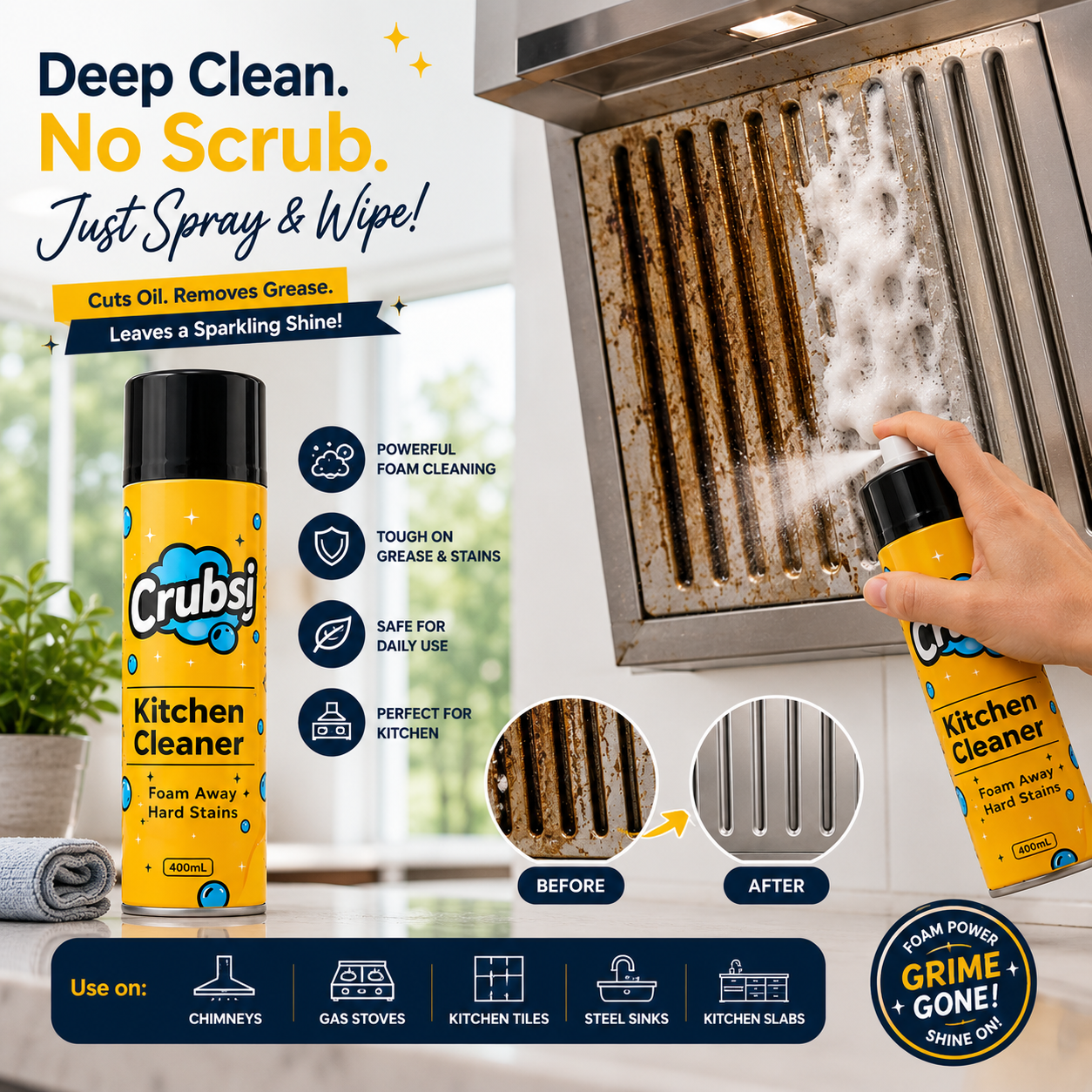 ✨HOT SELL 50% Off Today + BUY 1 GET 1 FREE✨ Crubsi Kitchen Cleaner Foam Spray (each 400ml) 🧽